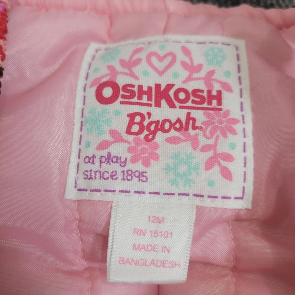 OshKosh B'Gosh Size 12M Snow Bib Overalls  Pink Floral Insulated Winter Pants